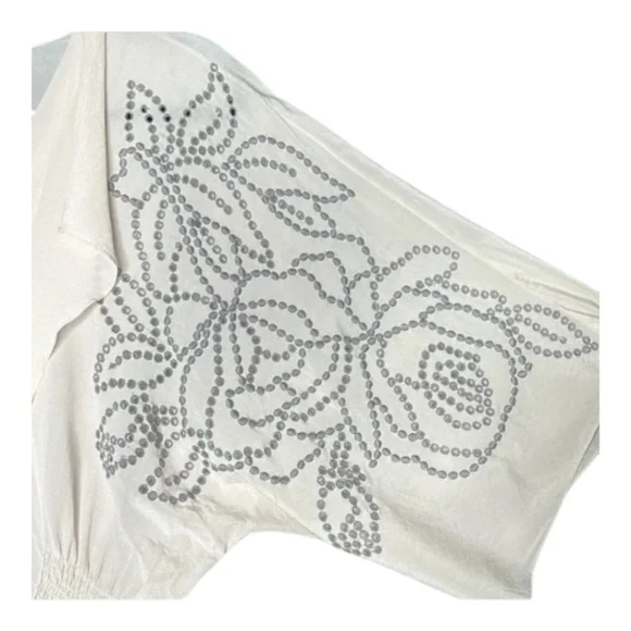 BARASCHI Silk Cream And Gray Dolman Sleeve Embroidered Eyelet Top - Picture 2 of 11